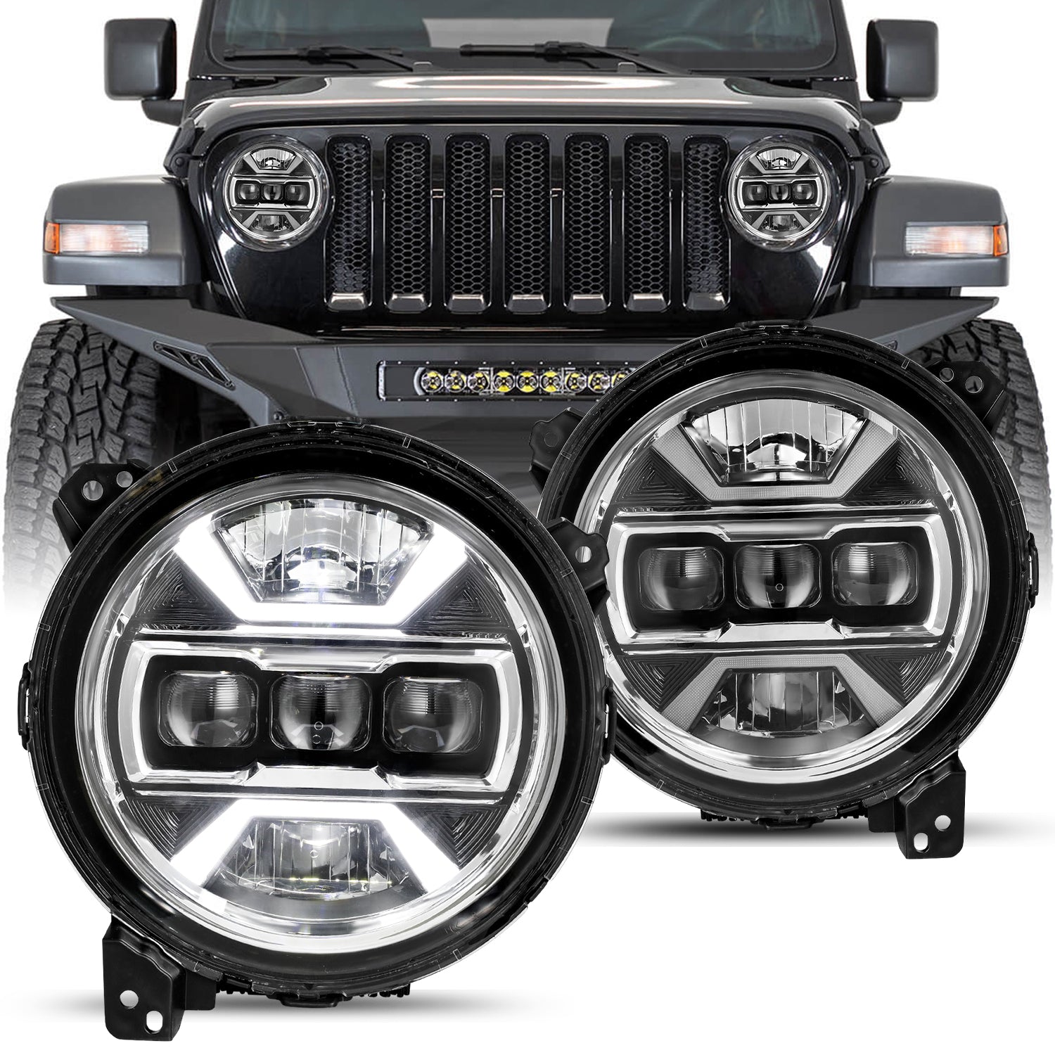 Halo LED Headlight Combo For Jeep Wrangler JL & Gladiator 2018-2022 – 7” + 9” + 4” Set