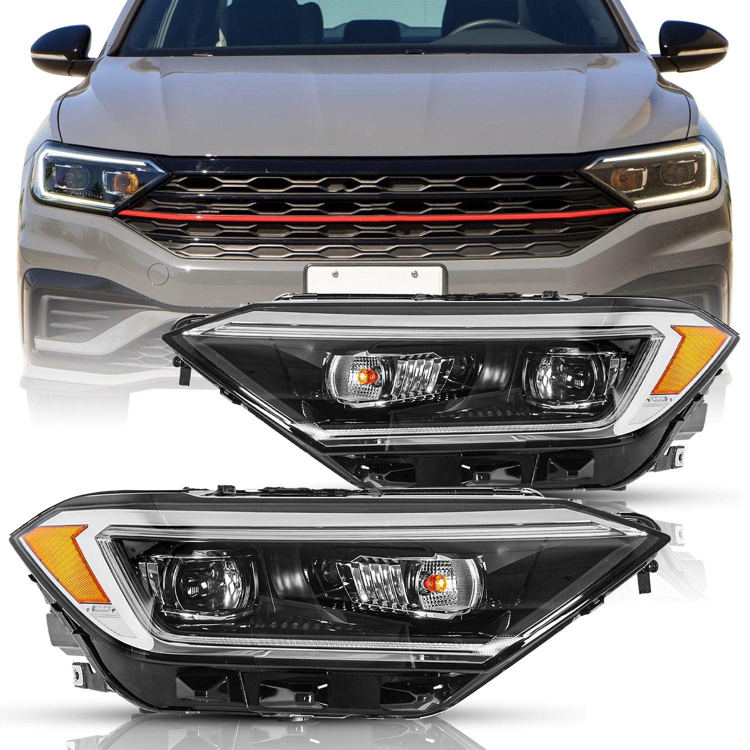 DTMOTO LED DRL Headlights Pair For 2019-2023 Volkswagen Jetta - Non-Projector, Chrome Housing