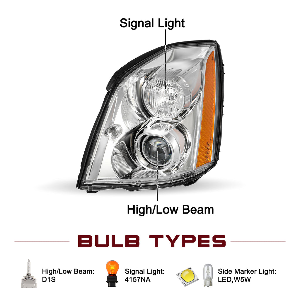 Pair HID Projector Headlights For Cadillac DTS 2006-2011 – Left & Right – Black Housing, DOT/SAE, W/ Bulbs
