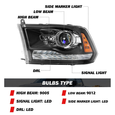 For 2013-2018 Dodge Ram 1500 2500 3500 9 PIN LED DRL Projector Headlights