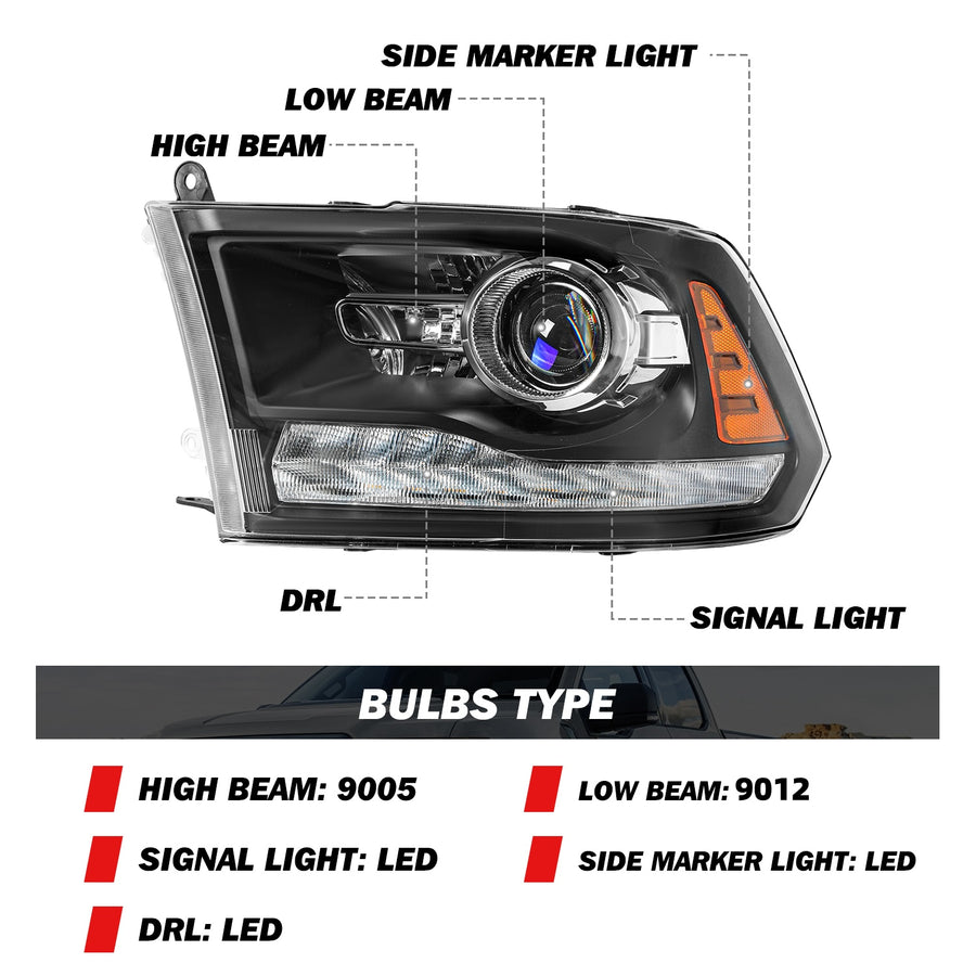 For 2013-2018 Dodge Ram 1500 2500 3500 9 PIN LED DRL Projector Headlights