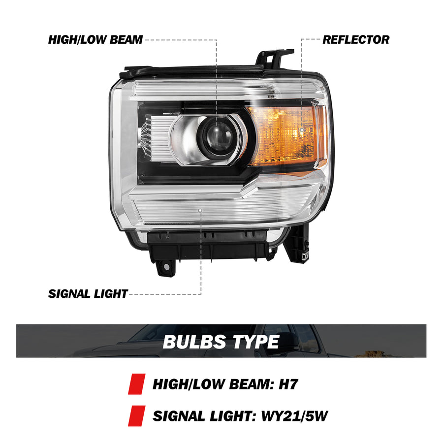 For 2014-2019 GMC Sierra Projector Halogen without LED DRL Headlights