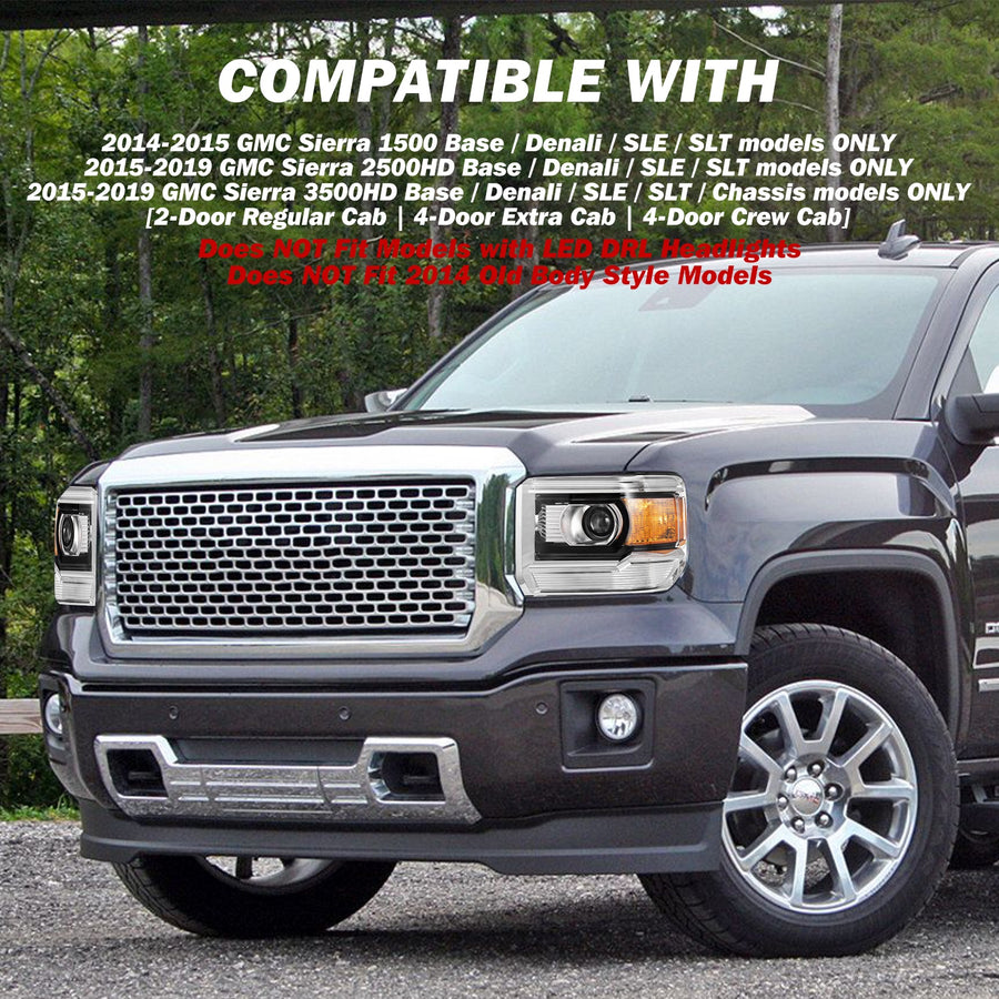 For 2014-2019 GMC Sierra Projector Halogen without LED DRL Headlights