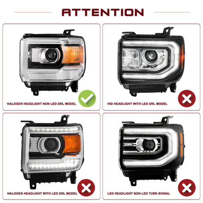 For 2014-2019 GMC Sierra Projector Halogen without LED DRL Headlights