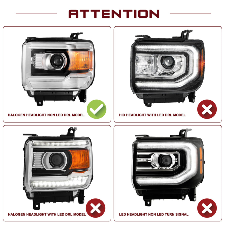 For 2014-2019 GMC Sierra Projector Halogen without LED DRL Headlights
