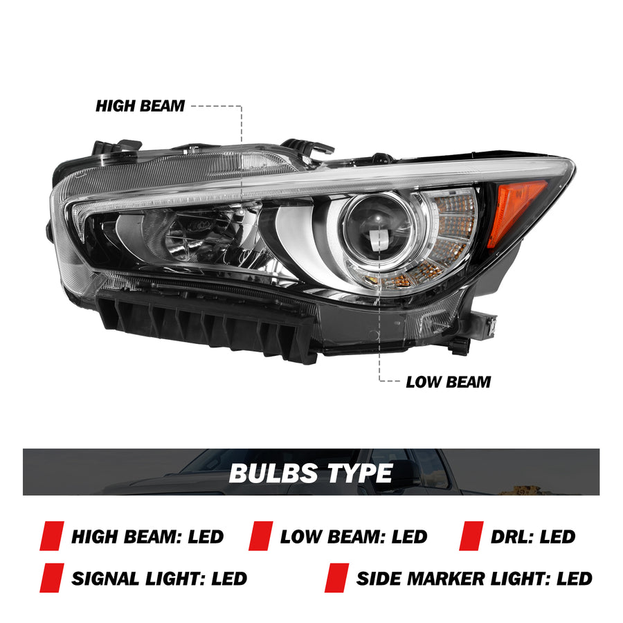 For 2014-2022 Infiniti Q50 w/o AFS LED Projector Headlights