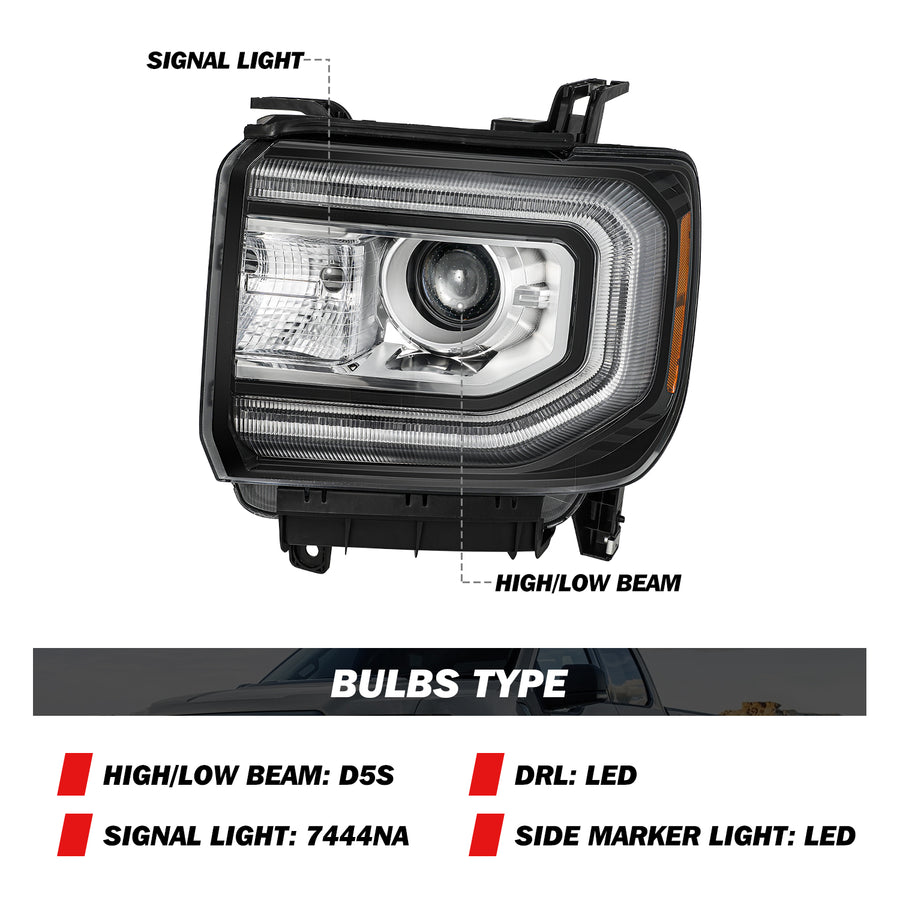 For 2016-2018 GMC Sierra 1500 HID/Xenon Model Projector Headlights