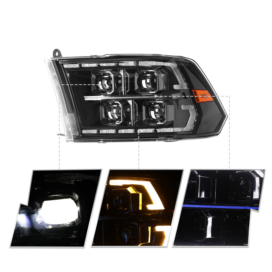 Autozensation Black Projector Headlights LED Sequential For Dodge Ram 1500 2500 3500 2009-2018