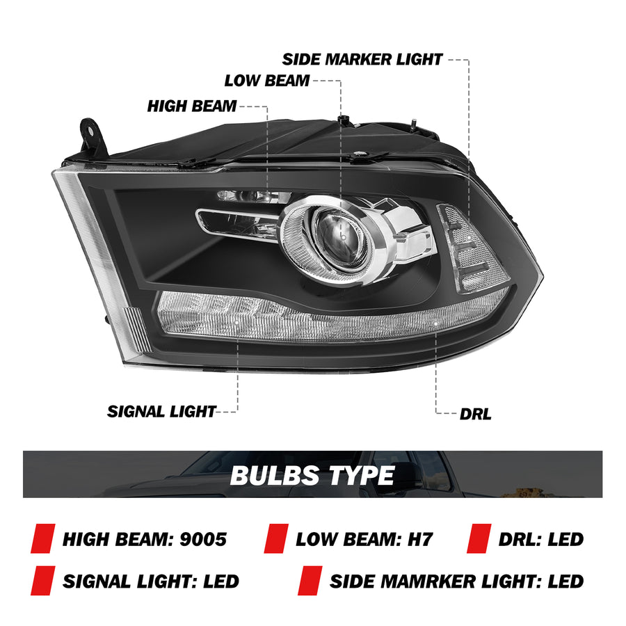 For 2009-2018 Dodge Ram 1500 2500 3500 LED DRL Projector Headlights
