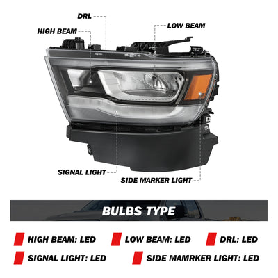 For 2019-2024 for Dodge RAM 1500 Rebel/Laramie Full LED Headlights